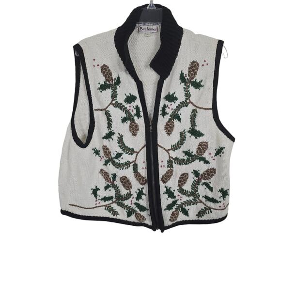 Bechamel Vtg Vest PL Winter Pine Cones Knit Embroidery Zip Cottagecore Cozy - Picture 1 of 13